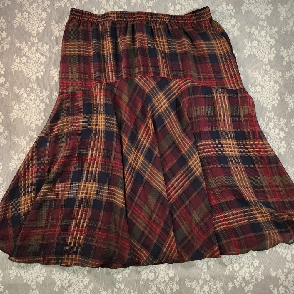 Chaps Women XL Plaid Midi Skirt Burgundy Navy Elastic Waist Tiered Flared Lined